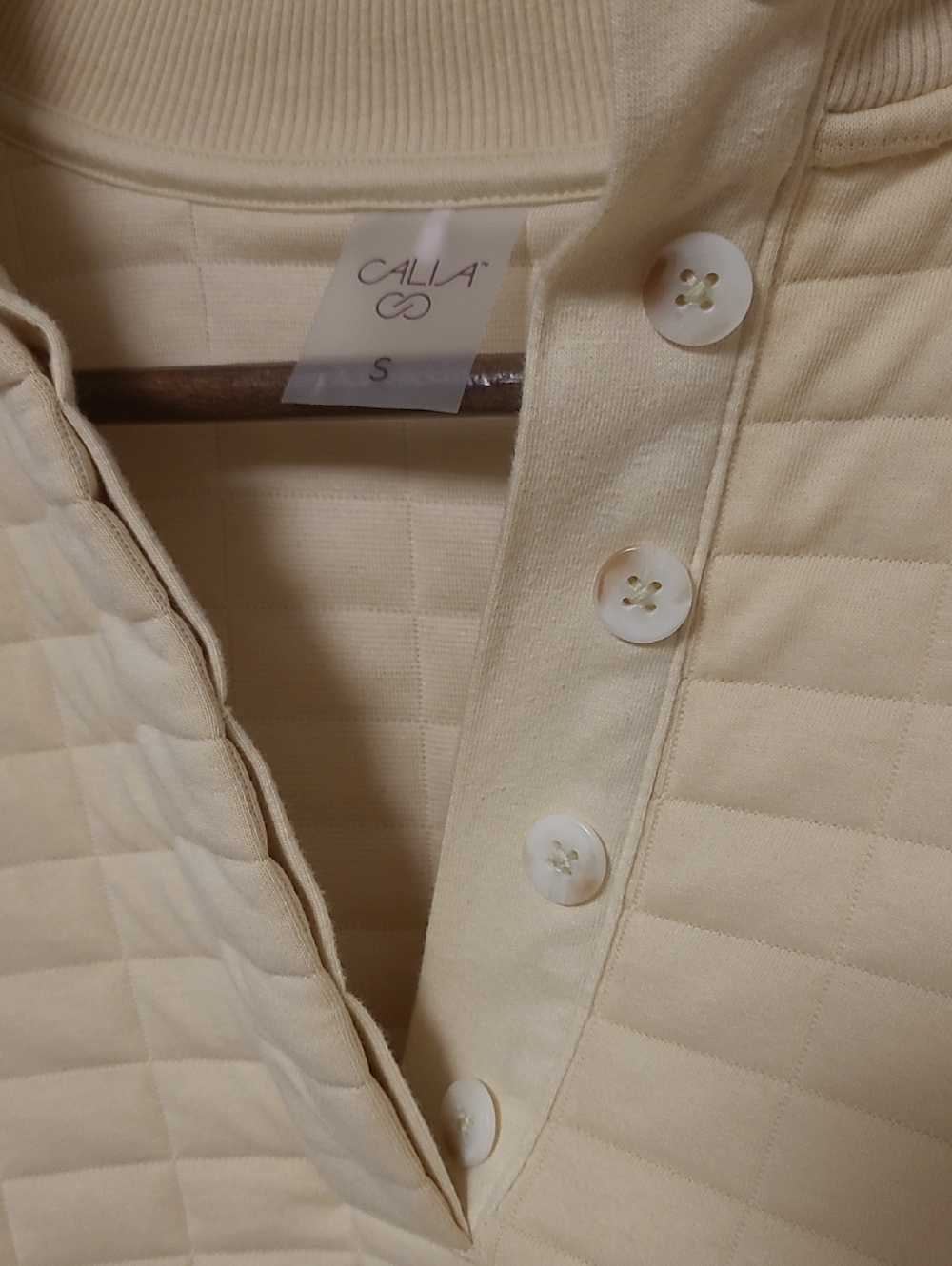 Calia Cropped Quilted Button-Neck Pullover in Soft Pale Yellow - Picture 3 of 5